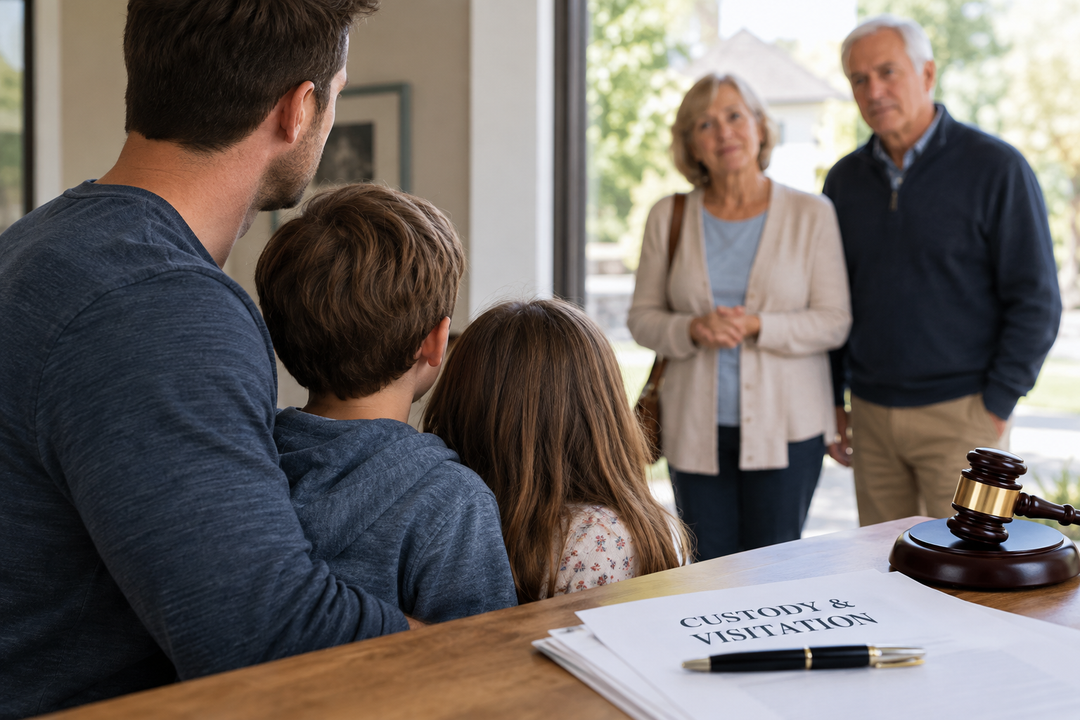 Father with his children facing grandparents in a custody and visitation dispute, with legal documents and a gavel in the foreground.
