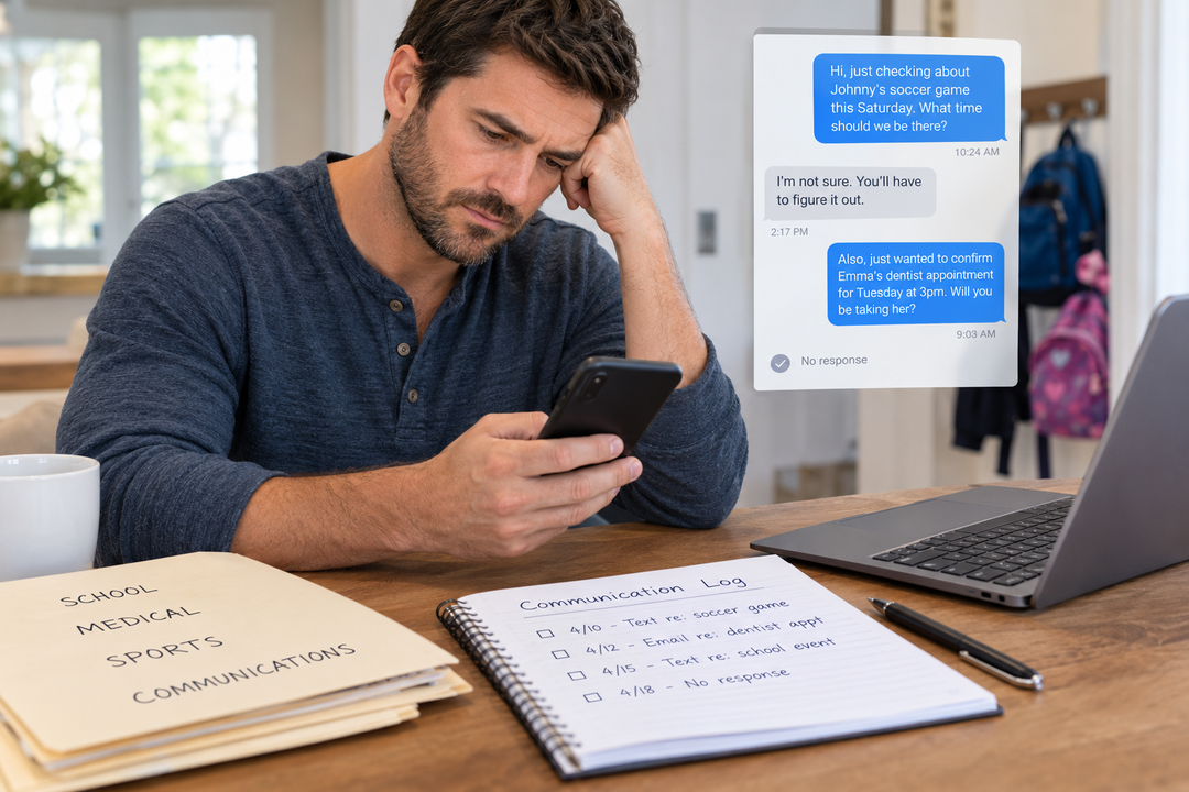 Father reviewing unanswered messages about his children's school, medical, and activity schedules while documenting co-parenting communication.