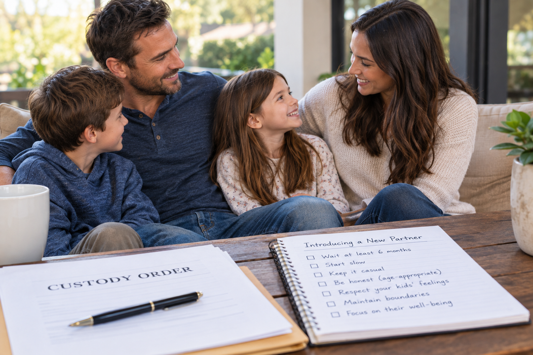 Father introducing his new girlfriend to his children while considering custody and family court concerns.