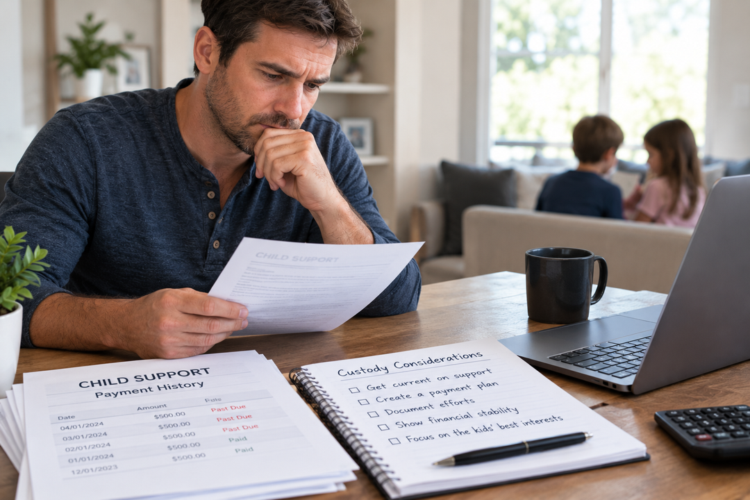Father reviewing child support payment records while considering how unpaid support could affect his custody case.