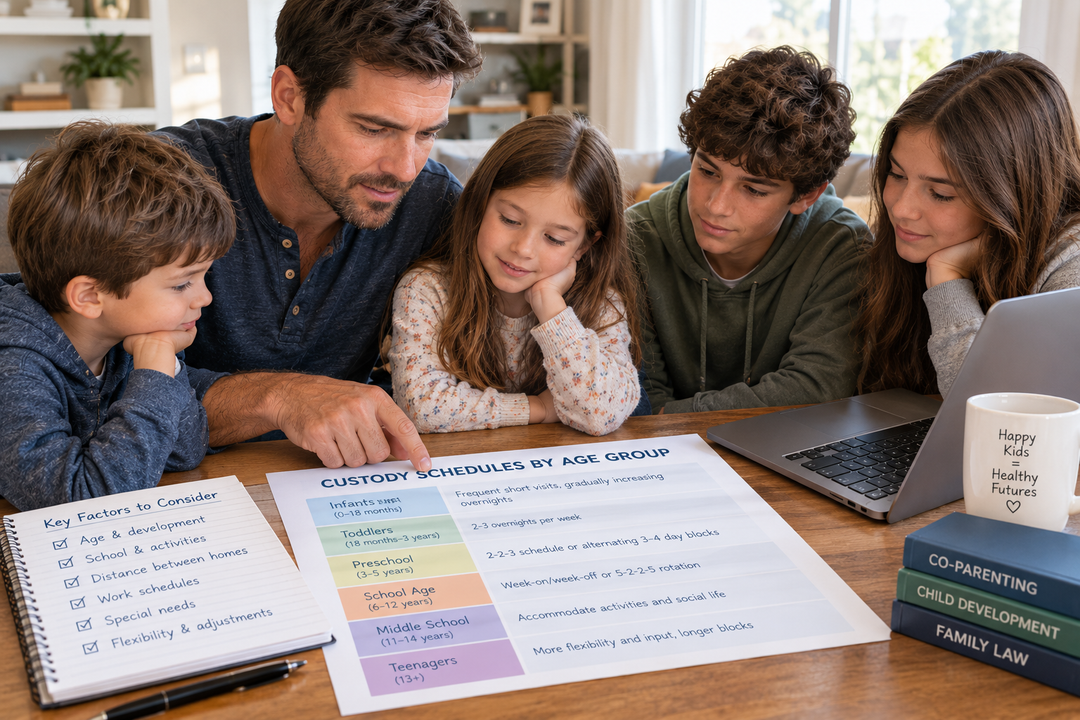 Father and children reviewing age-appropriate custody schedules for infants, young children, and teenagers.