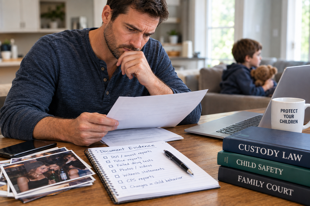 Father documenting evidence of a co-parent's substance abuse while considering a custody modification to protect his children.