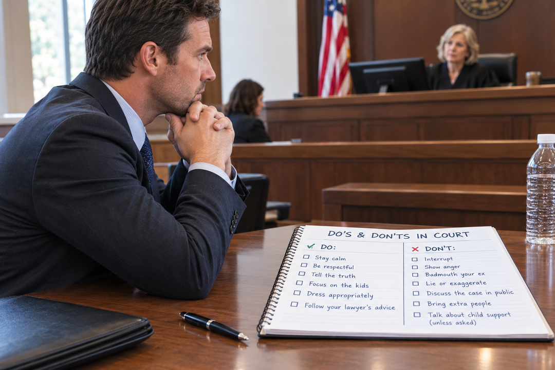 Father sitting respectfully before a judge while reviewing courtroom do’s and don’ts for a child custody case.