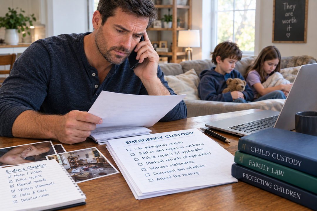 Father reviewing emergency custody documents and evidence while concerned about his children's immediate safety.
