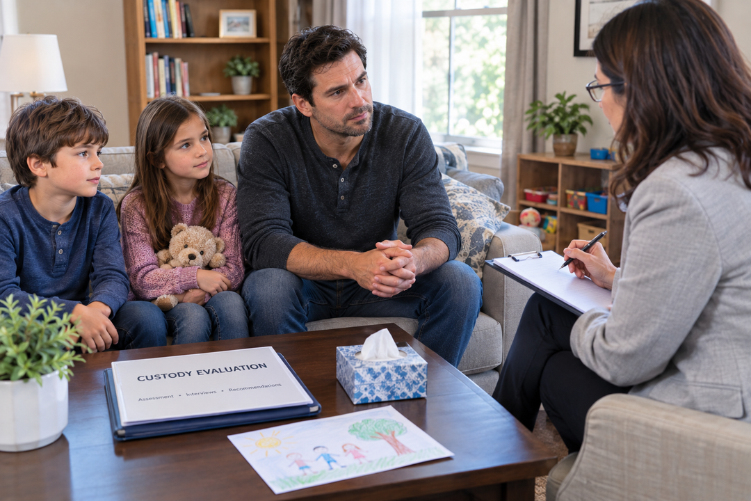 Custody evaluator interviewing a father and his children during a family custody evaluation in their home.