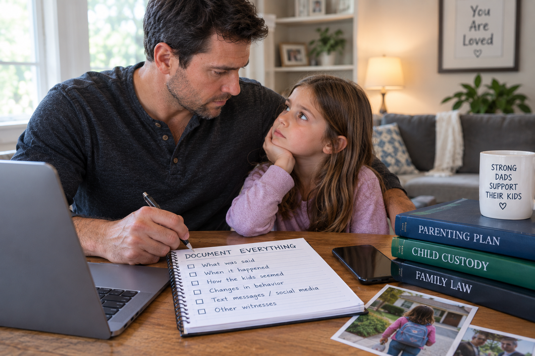 Father comforting his daughter while documenting concerns about negative comments made about him during a custody dispute.