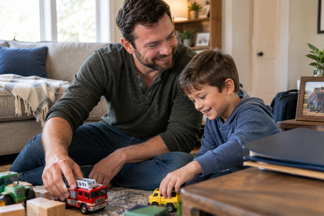 Father spending time with his son in a stable home environment while navigating a custody case involving his criminal record.