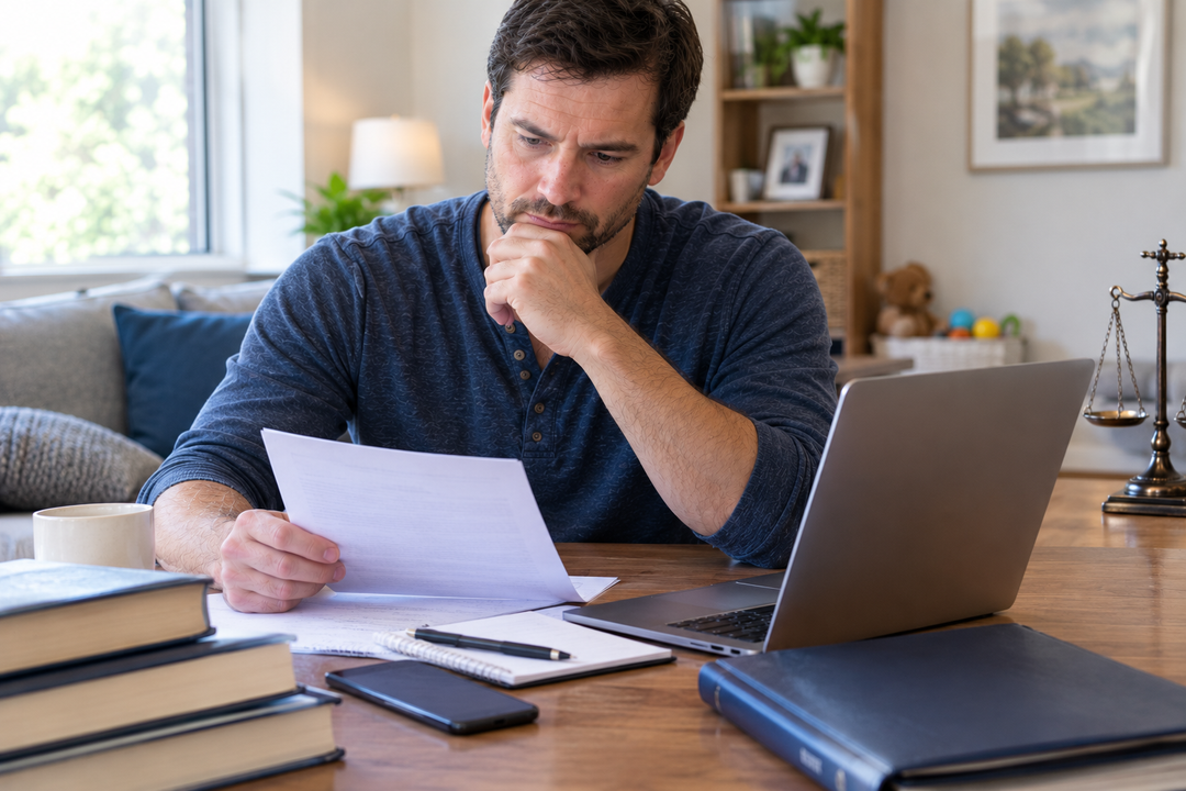 Father reviewing custody documents while considering whether to represent himself or hire a lawyer for his custody case.