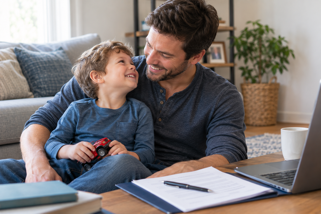 Unmarried father spending time with his young child at home while navigating the process of establishing paternity and legal custody rights.