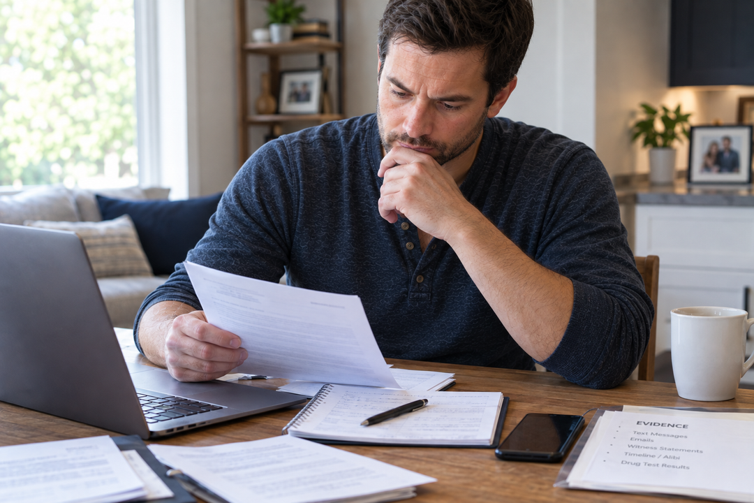 Father reviewing documents and evidence while responding to false accusations in a child custody case.